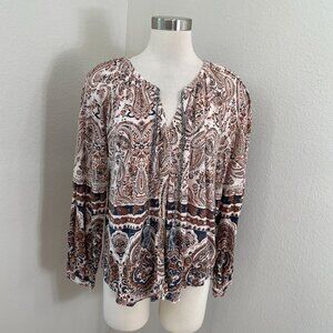 Lucky Brand Womens Large Paisley Boho Top Long Sleeve Tassel Tie Neck Shirt